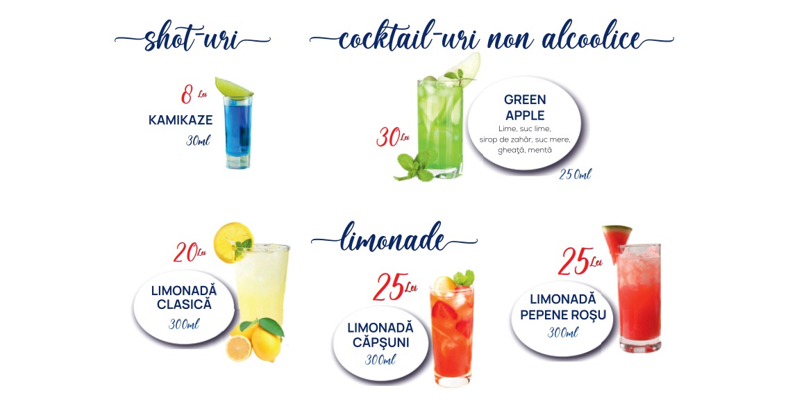 Meniu Shot-uri - Cocteil Non Alcolice - Piscina Sun Tropez - Ciurila - Cluj Napoca
